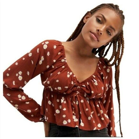 PACSUN Rust Brown with Floral White Yellow Off Shoulder Crop Peasant Top Medium - Picture 1 of 8